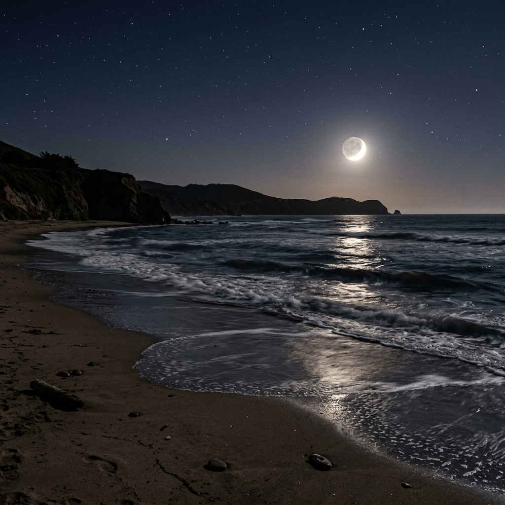 Crescent moon shining over waves on a rocky beach at night with stars