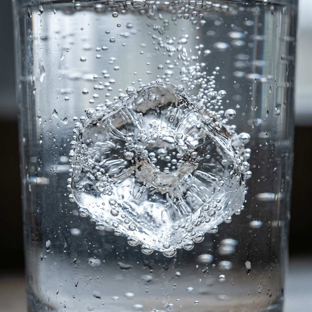 Ice cube with bubbles suspended in a glass of sparkling water