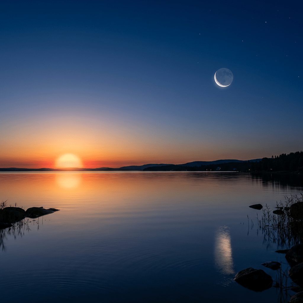 Calm lake at sunset with orange horizon and crescent moon in darkening sky